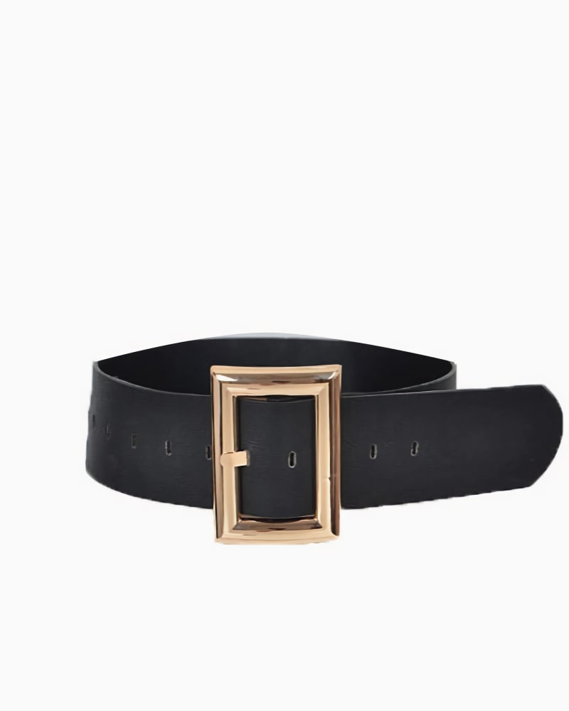 Front of a size One Size Rectangle Buckle Belt in Black Gold by L I V D. | dia_product_style_image_id:315354